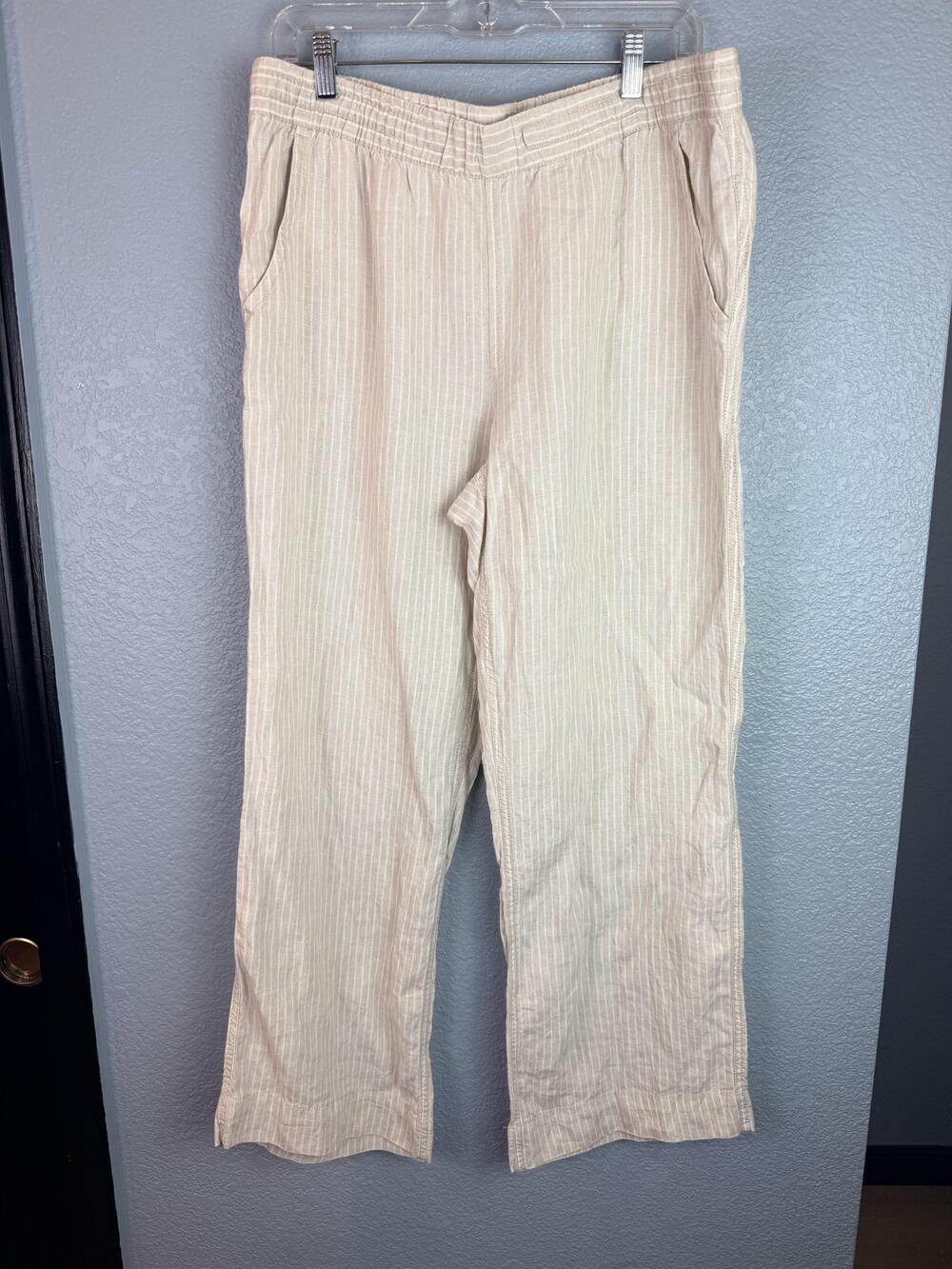 L.L. Bean Pants Womens 14 Beige Linen Striped Pull On Elastic Waist Casual